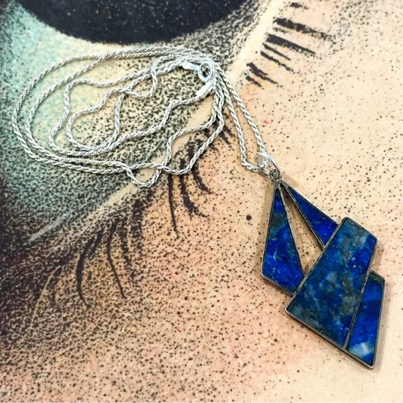 Vintage Modernist Sterling Silver Lapis Lazuli Geometric Pendant Necklace 950 - Picture 2 of 6
